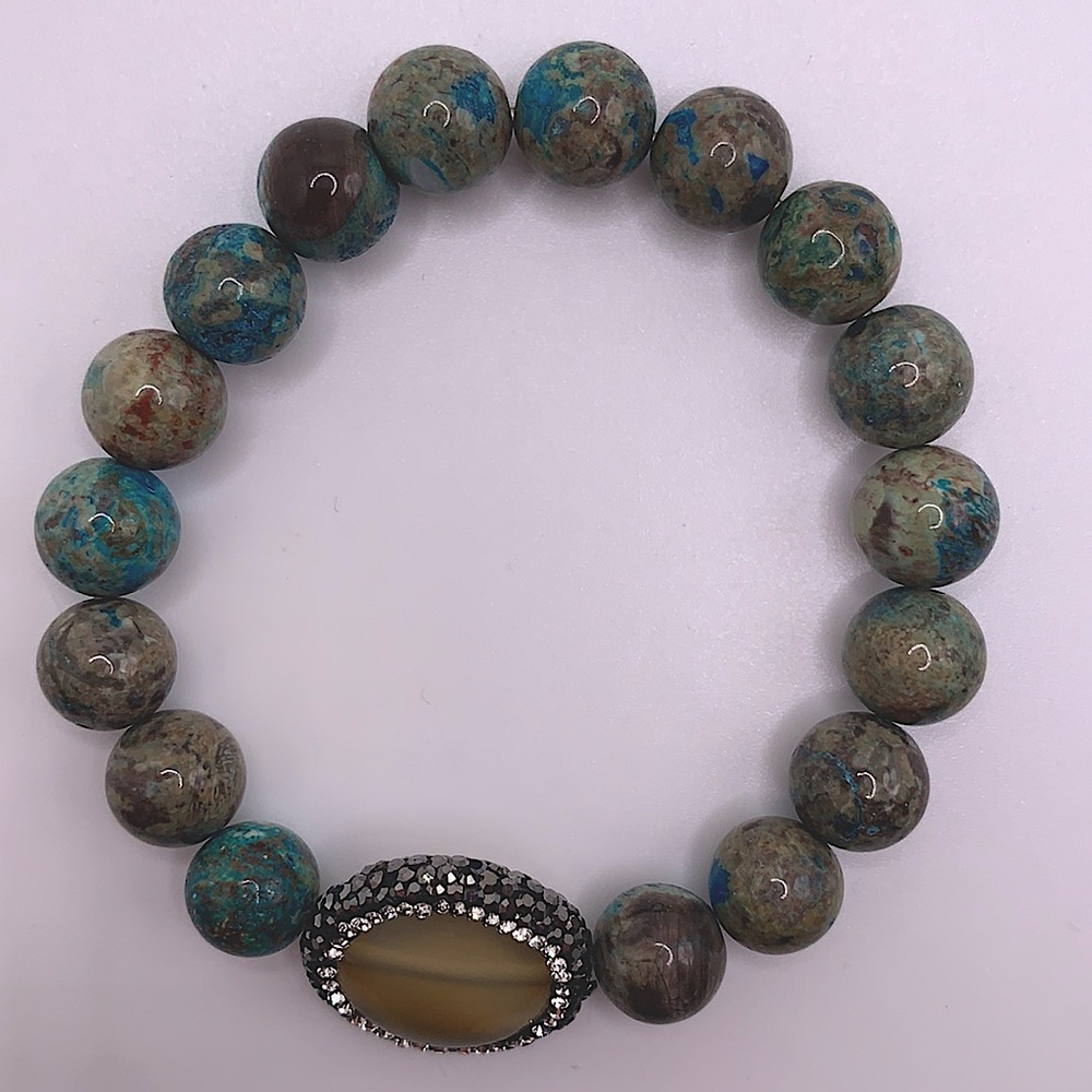 Jasper Bead Stretch Bracelet with Amber Colored stone and Crystals NEW - Picture 1 of 4